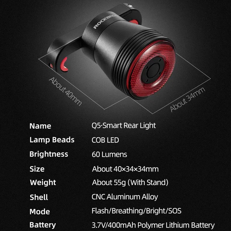 Задня велосипедна лампа Rockbros TL907Q51 LED USB зі стоп-сигналом під сідло